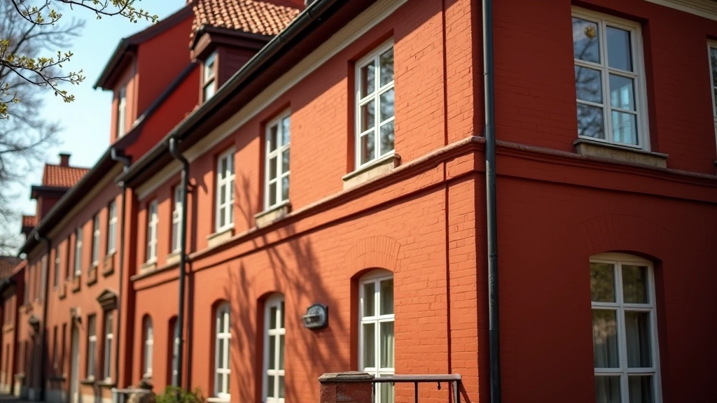 Vēsturiskais Rātsnams Kuldīgā ar sarkano ķieģeļu fasādi un baltiem logiem