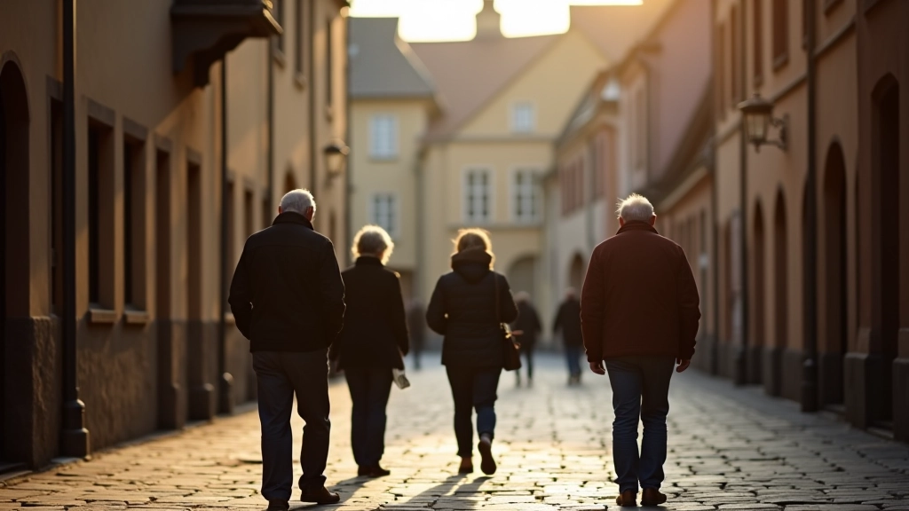 Seniori pastaigas laikā viduslaiku pilsētas laukumā ar ērtiem atpūtas punktiem